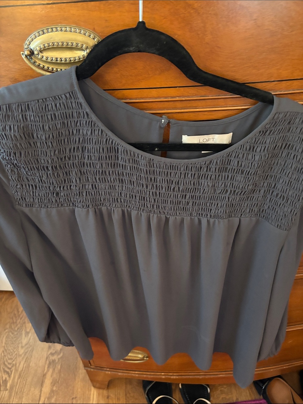 LOFT Charcoal Gray Smocked Yoke Blouse